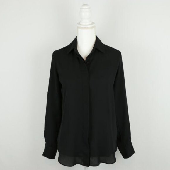 Mossimo Women's Extra Small Black Crepe Roll Tab Long Sleeve Button Up Shirt - Picture 1 of 7